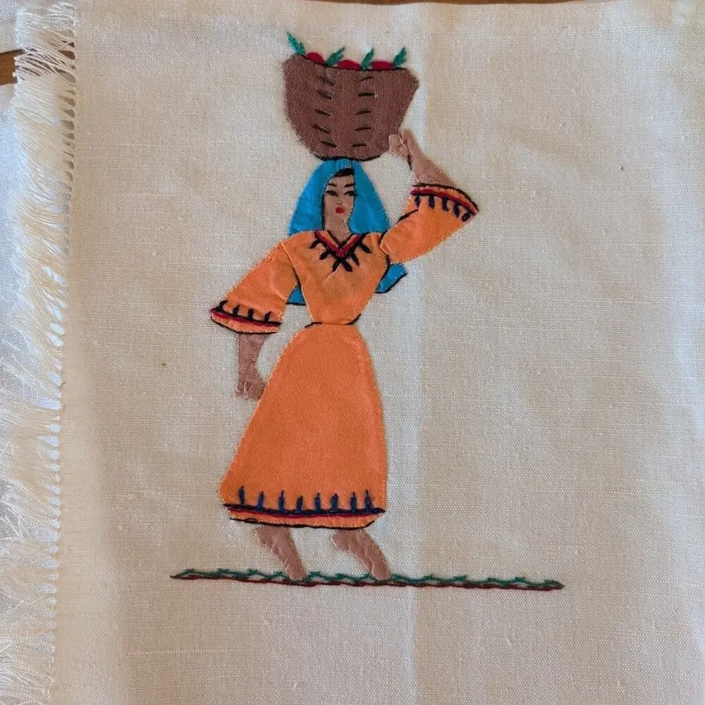 Vintage set of 6 hand embroidered & appliqued placements, 7.5